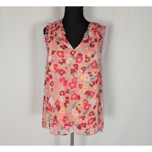 Elle Blouse M Womens Pink Floral Vneck Flutter Sleeve Chiffon Spring Lightweight - Picture 1 of 6